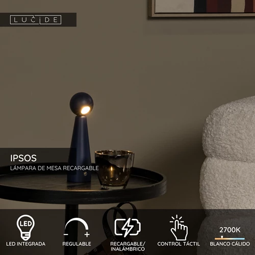 Lucide IPSOS - Lámpara de mesa Recargable - Batería/acumulador - LED Regul. - 1x3W 2700K - Azul - USP